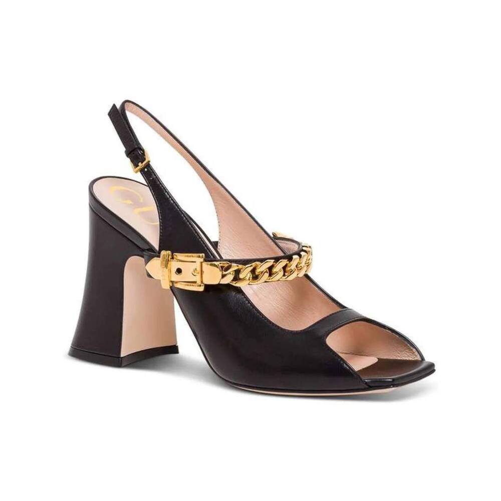 NEW GUCCI women's sylvie chain-embellished sandal heels in black